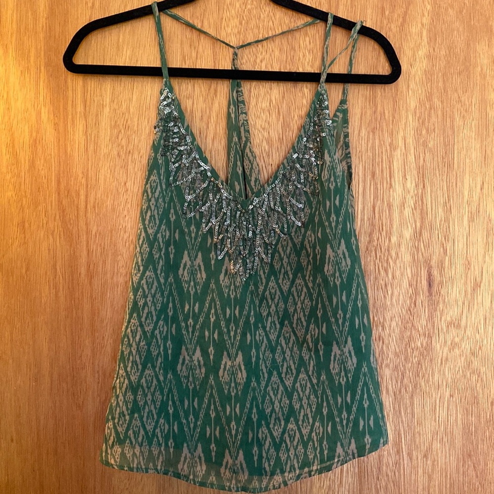 Sequined strappy top in green and gold